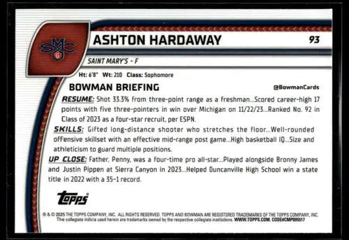 Original gloss Bowman University Chrome Ashton Hardaway basketball card 2024-25 NM-MT