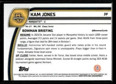 2024-25 Bowman University Chrome Kam Jones #39 Marquette Golden Eagles - Basketball Card Single