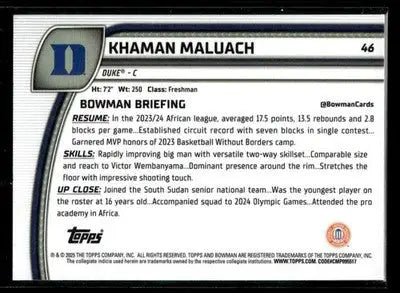 2024-25 Bowman University Chrome Khaman Maluach #46 Duke Blue Devils - Basketball Card Single