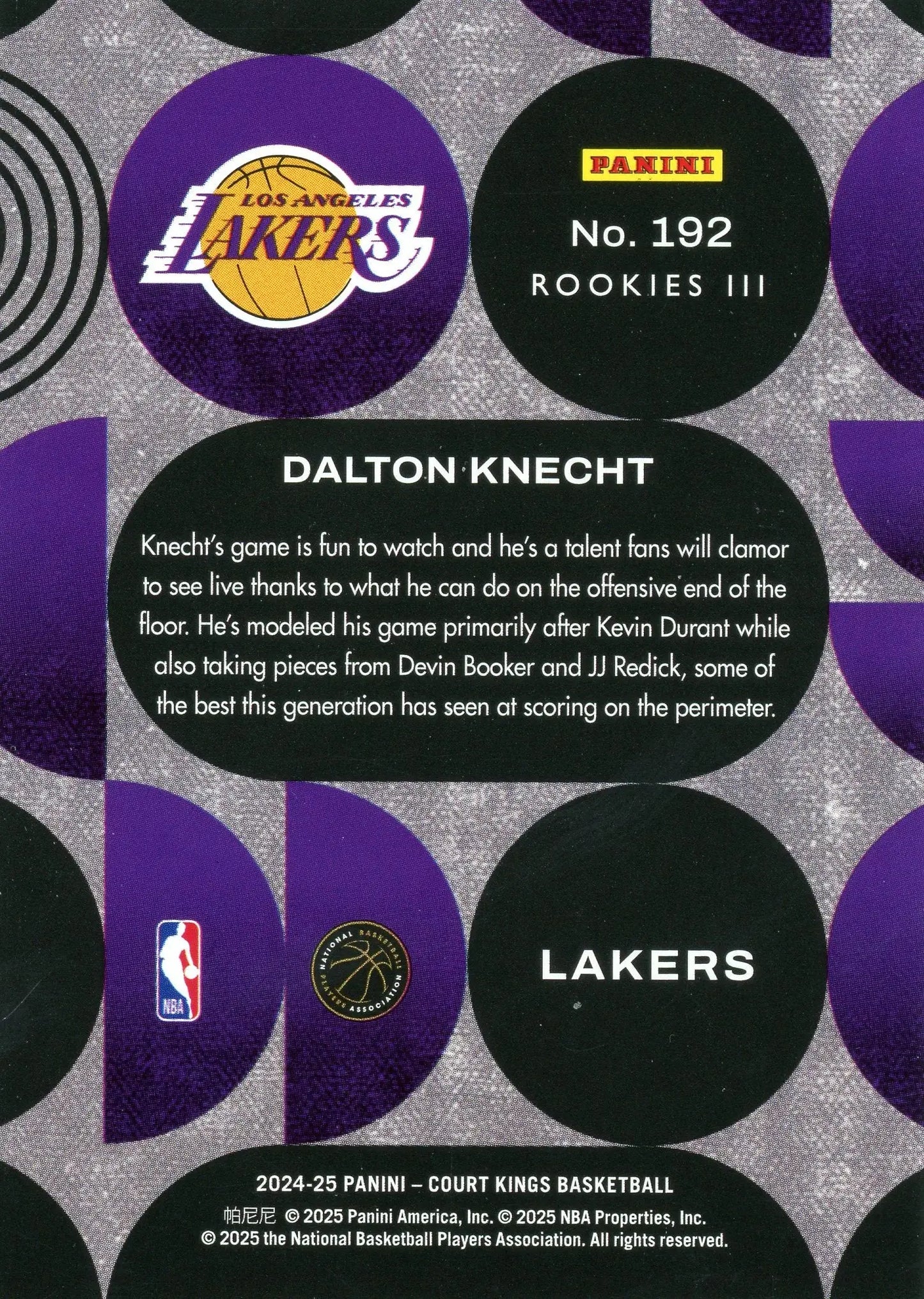 2024-25 Court Kings Dalton Knecht #192 Rookies III Lakers RC Rookie - Basketball Card Single