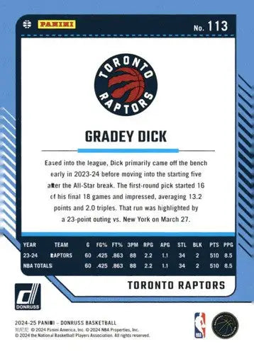 2024-25 Donruss #113 Gradey Dick NM-MT Raptors ID:81080 - Basketball Card Single