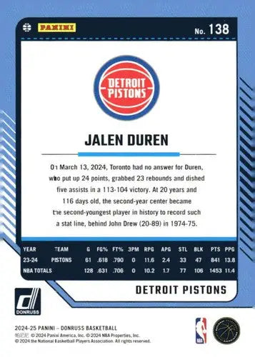 2024-25 Donruss #138 Jalen Duren NM-MT Pistons ID:81095 - Basketball Card Single