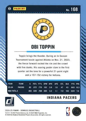 2024-25 Donruss #168 Obi Toppin NM-MT Pacers ID:81114 - Basketball Card Single