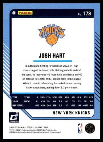 2024-25 Donruss #178 Josh Hart NM-MT Knicks ID:81120 - Basketball Card Single
