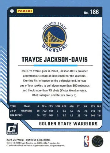 2024-25 Donruss #186 Trayce Jackson-Davis NM-MT Warriors ID:81125 - Basketball Card Single