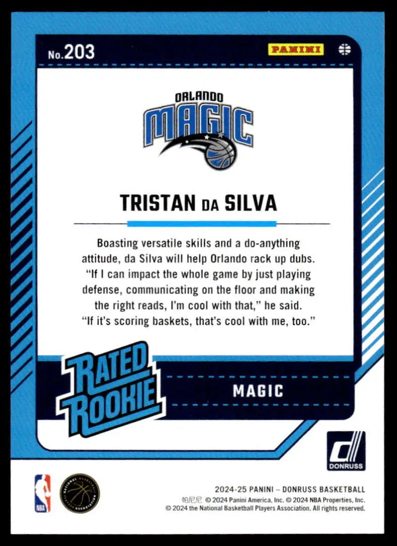 2024-25 Donruss #203 Tristan da Silva NM-MT RC Rookie Magic ID:81133 - Basketball Card Single