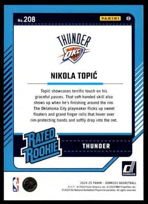 2024-25 Donruss #208 Nikola Topic NM-MT RC Rookie Thunder ID:81136 - Basketball Card Single
