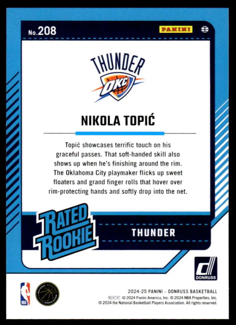 2024-25 Donruss #208 Nikola Topic NM-MT RC Rookie Thunder ID:81136 - Basketball Card Single