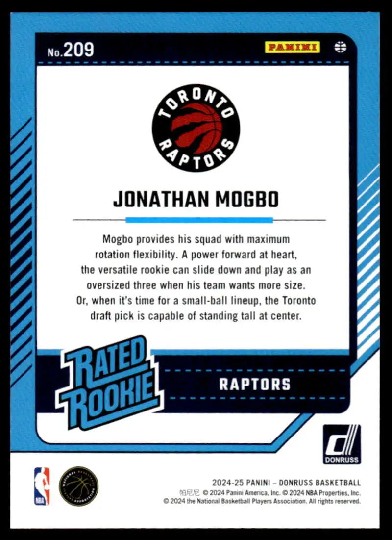 2024-25 Donruss #209 Jonathan Mogbo NM-MT RC Rookie Raptors ID:81137 - Basketball Card Single