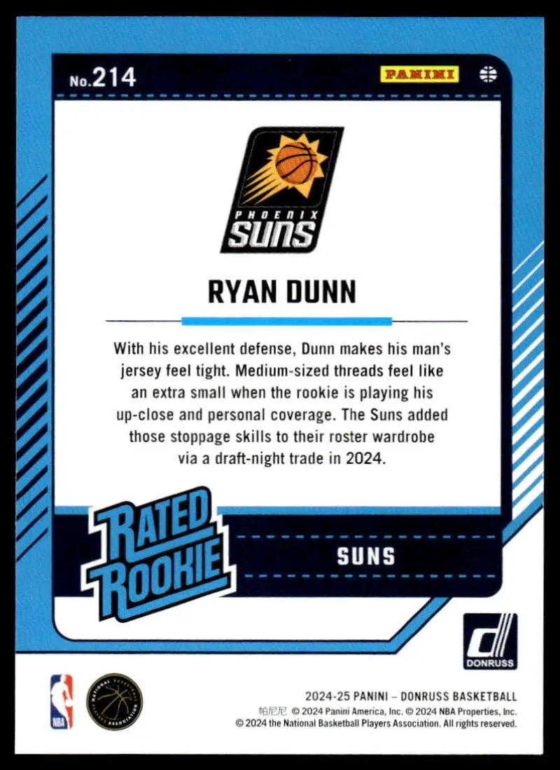 2024-25 Donruss #214 Ryan Dunn NM-MT RC Rookie Suns ID:81138 - Basketball Card Single