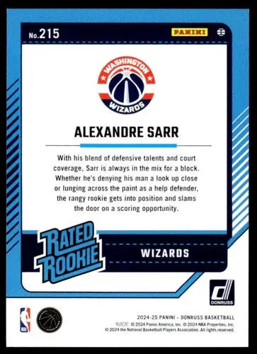 2024-25 Donruss #215 Alexandre Sarr NM-MT RC Rookie Wizards ID:81139 - Basketball Card Single