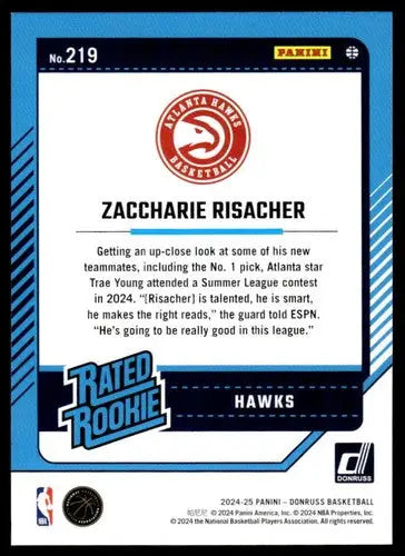 2024-25 Donruss #219 Zaccharie Risacher NM-MT RC Rookie Hawks ID:81141 - Basketball Card Single