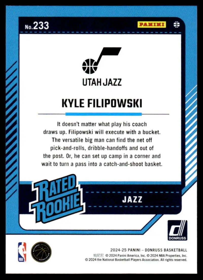 2024-25 Donruss #233 Kyle Filipowski NM-MT RC Rookie Jazz ID:81146 - Basketball Card Single