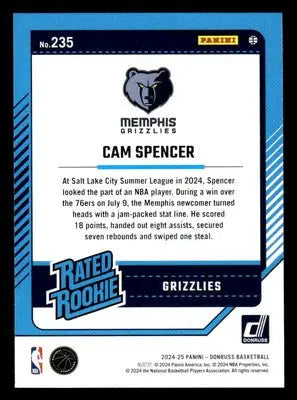 2024-25 Donruss #235 Cam Spencer Base RC Memphis Grizzlies