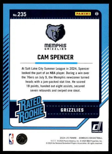 2024-25 Donruss #235 Cam Spencer NM-MT RC Rookie Grizzlies ID:81147 - Basketball Card Single