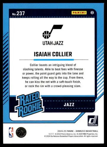 2024-25 Donruss #237 Isaiah Collier NM-MT RC Rookie Jazz ID:81148 - Basketball Card Single