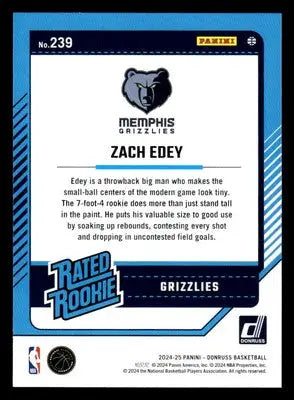 2024-25 Donruss #239 Zach Edey Base RC Memphis Grizzlies - Basketball Card Single