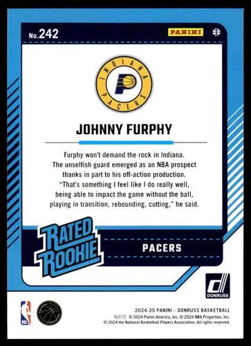 2024-25 Donruss #242 Johnny Furphy NM-MT RC Rookie Pacers ID:81151 - Basketball Card Single