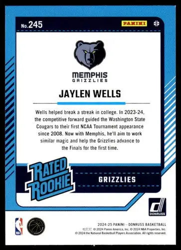 2024-25 Donruss #245 Jaylen Wells NM-MT RC Rookie Grizzlies ID:81152 - Basketball Card Single