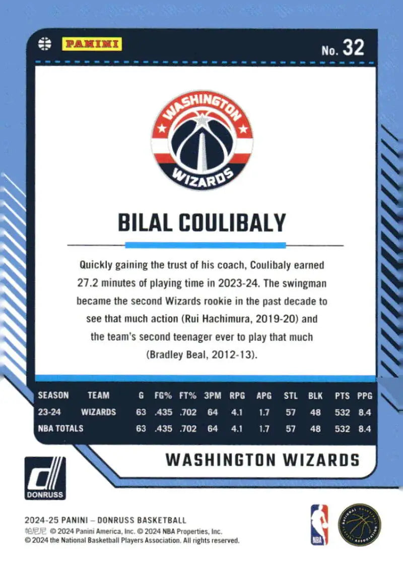 2024-25 Donruss #32 Bilal Coulibaly NM-MT Wizards ID:81039 - Basketball Card Single