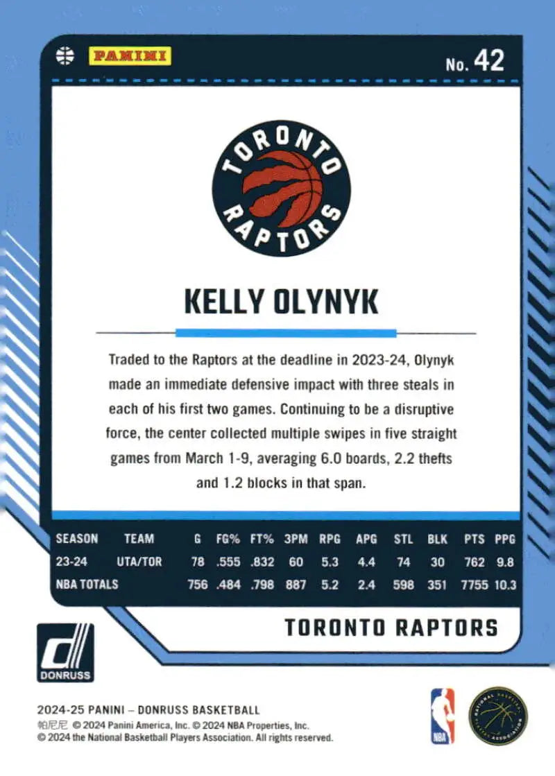 2024-25 Donruss #42 Kelly Olynyk NM-MT Raptors ID:81043 - Basketball Card Single