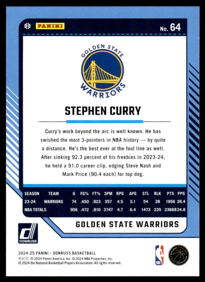 2024-25 Donruss #64 Stephen Curry NM-MT Warriors ID:81055 - Basketball Card Single