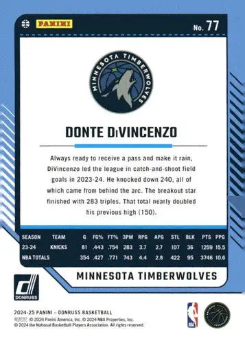 2024-25 Donruss #77 Donte DiVincenzo NM-MT Timberwolves ID:81060 - Basketball Card Single