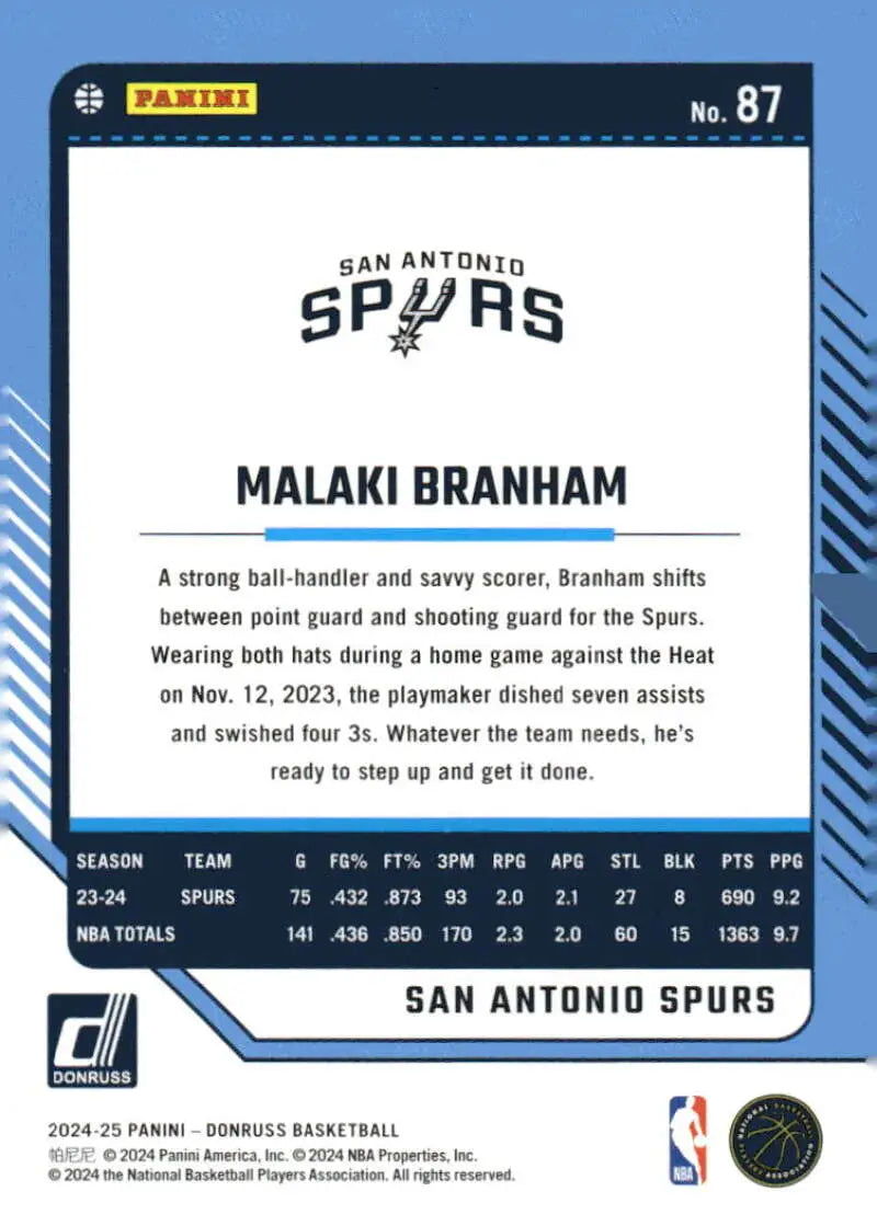 2024-25 Donruss #87 Malaki Branham NM-MT Spurs ID:81064 - Basketball Card Single