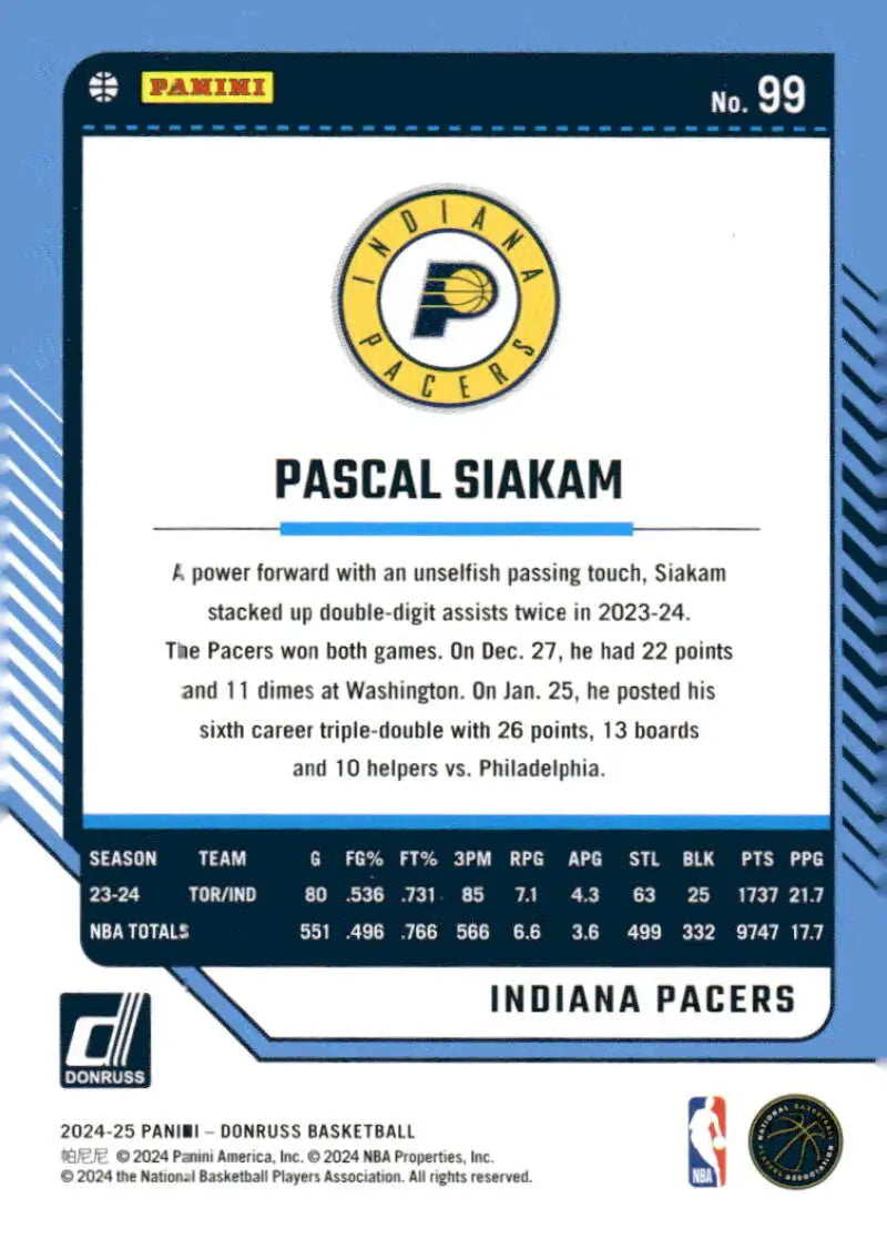 2024-25 Donruss #99 Pascal Siakam NM-MT Pacers ID:81069 - Basketball Card Single