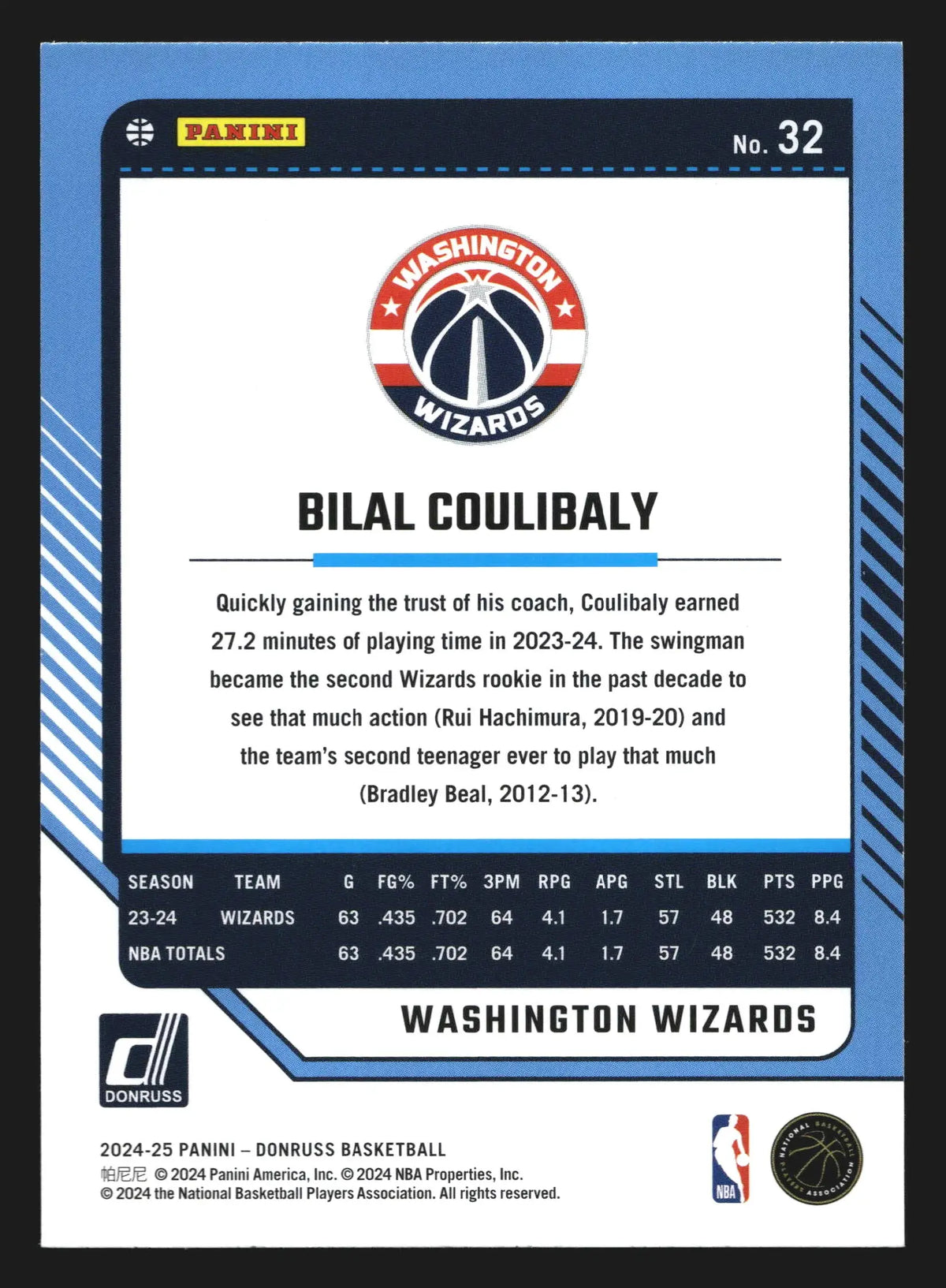 2024-25 Donruss Bilal Coulibaly #32 Wizards - Basketball Card Single