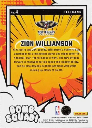 2024-25 Donruss Bomb Squad #4 Zion Williamson NM-MT Pelicans ID:80749 - Basketball Card Single