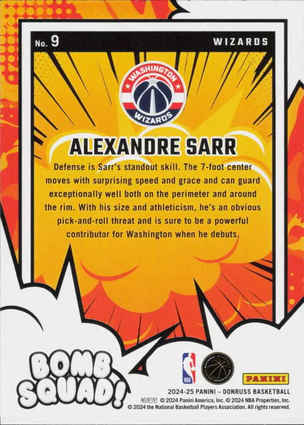 2024-25 Donruss Bomb Squad #9 Alexandre Sarr NM-MT Wizards ID:80751 - Basketball Card Single