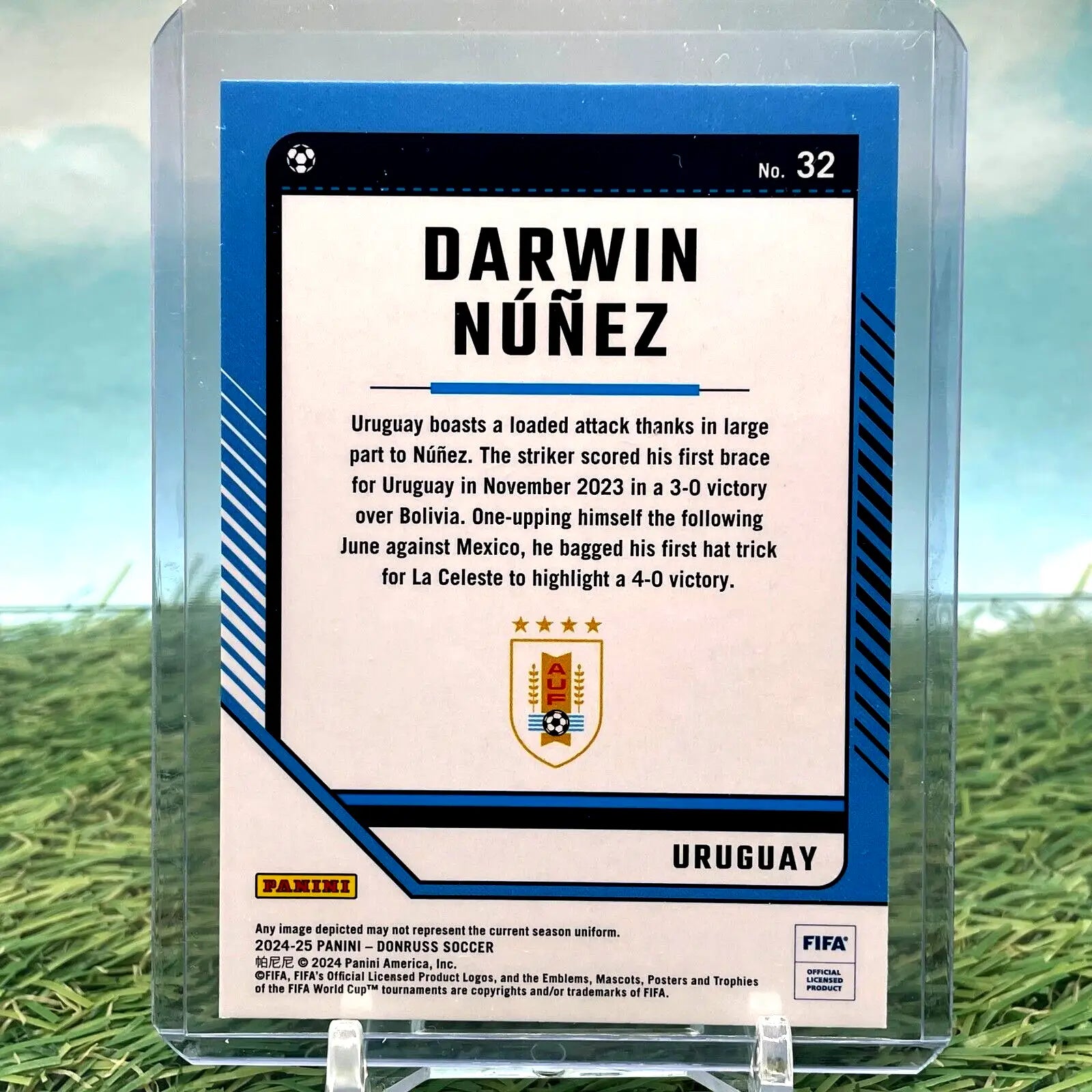 Darwin Núñez trading card from 2024-25 Donruss Cubic #32 Uruguay design
