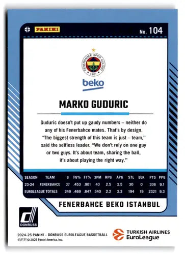 2024-25 Donruss EuroLeague #104 Marko Guduric NM-MT ID:82481 - Basketball Card Single
