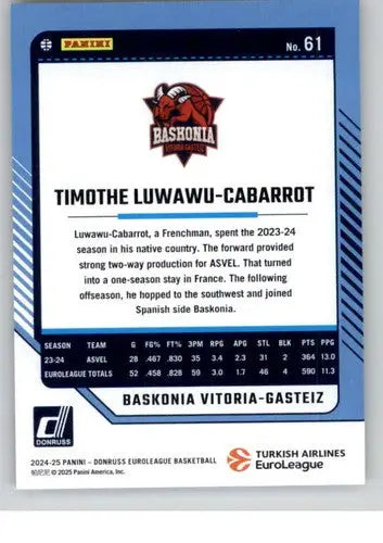 2024-25 Donruss EuroLeague #61 Timothe Luwawu-Cabarrot NM-MT ID:82479 - Basketball Card Single