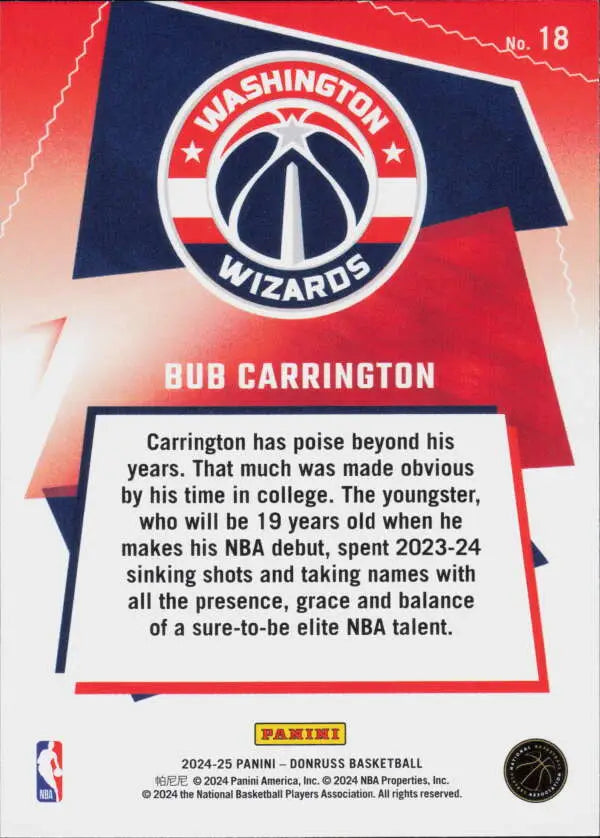 2024-25 Donruss Great X-Pectations #18 Bub Carrington NM-MT Wizards ID:80761 - Basketball Card Single