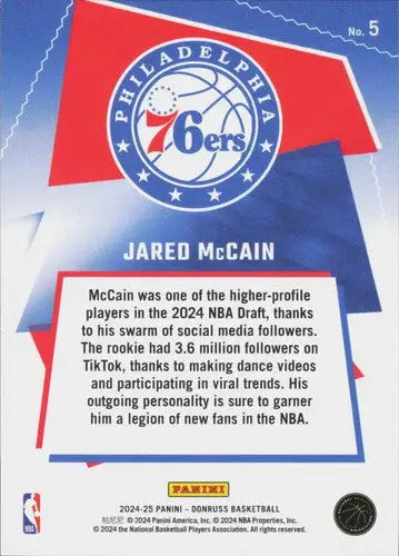 2024-25 Donruss Great X-Pectations #5 Jared McCain NM-MT 76ers ID:80759 - Basketball Card Single