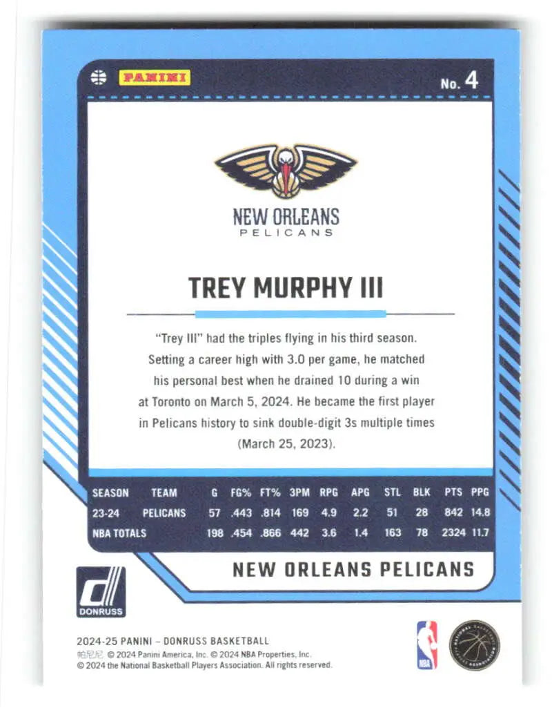 2024-25 Donruss Holo Green Laser #4 Trey Murphy III NM-MT Pelicans ID:80766 - Basketball Card Single