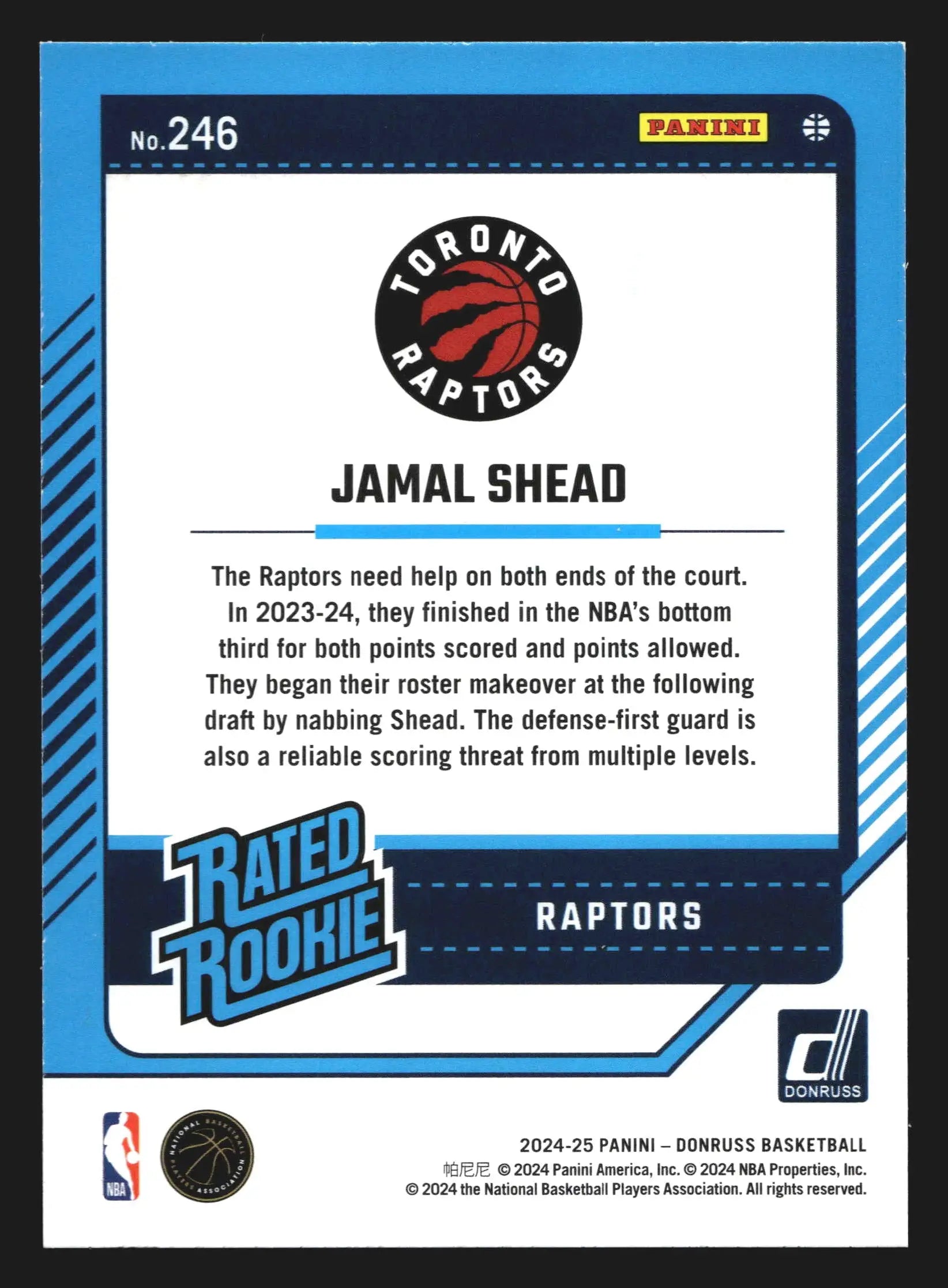 2024-25 Donruss Jamal Shead #246 Holo Green Laser Rated Rookie RC Raptors - Basketball Card Single