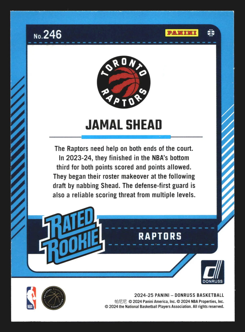 2024-25 Donruss Jamal Shead #246 Holo Green Laser Rated Rookie RC Raptors - Basketball Card Single