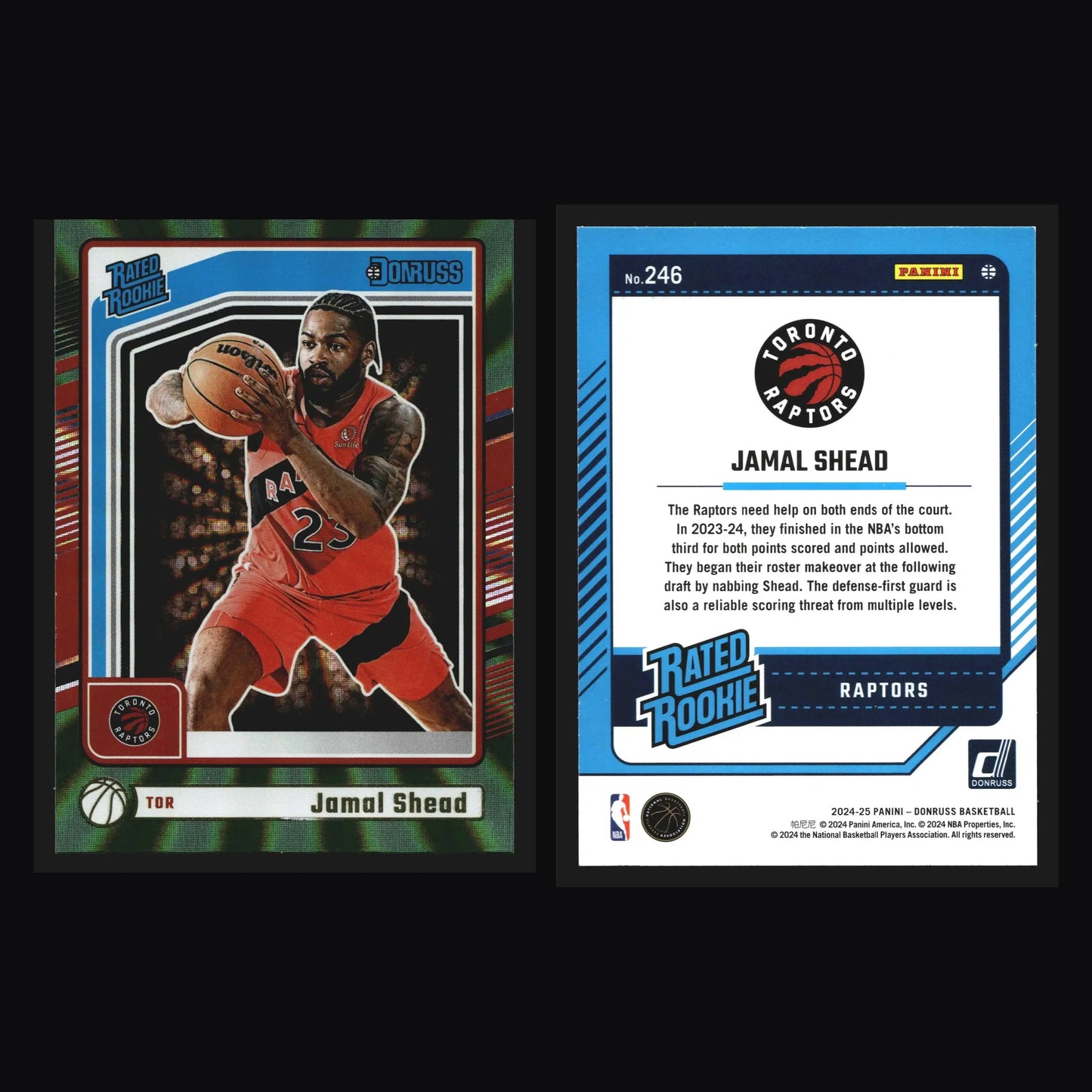 2024-25 Donruss Jamal Shead #246 Holo Green Laser Rated Rookie RC Raptors - Basketball Card Single