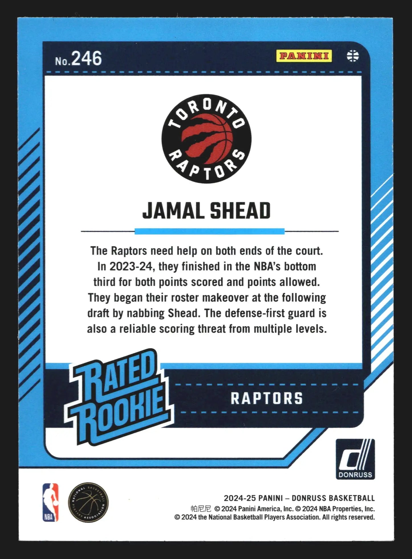 2024-25 Donruss Jamal Shead #246 Mojo Rated Rookie RC Toronto Raptors - Basketball Card Single