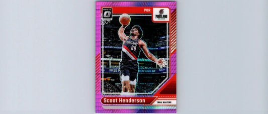 Pink basketball trading card featuring Scoot Henderson in action from 2024-25 Donruss Optic Henderson Hyper Pink series