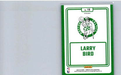 Back of a green-bordered Larry Bird Winner Stays Purple trading card from 2024-25 Donruss Optic