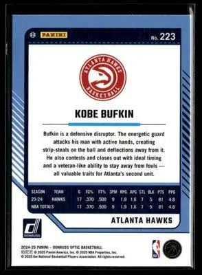 2024-25 Donruss Optic #223 Kobe Bufkin Base Atlanta Hawks - Basketball Card Single