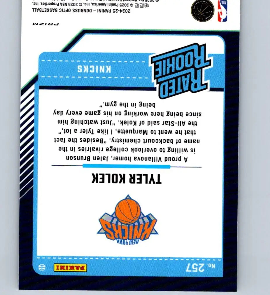 Back of 2024-25 Donruss Optic Tyler Kolek Rated Rookie Holo card showing Kolek holo details