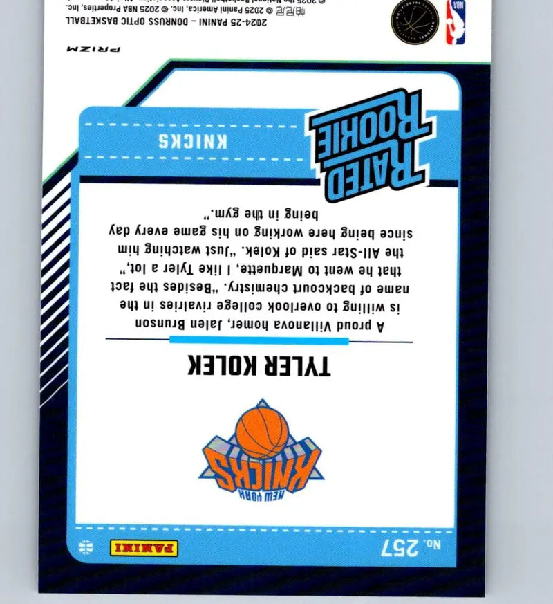 Back of 2024-25 Donruss Optic Tyler Kolek Rated Rookie Holo card showing Kolek holo details