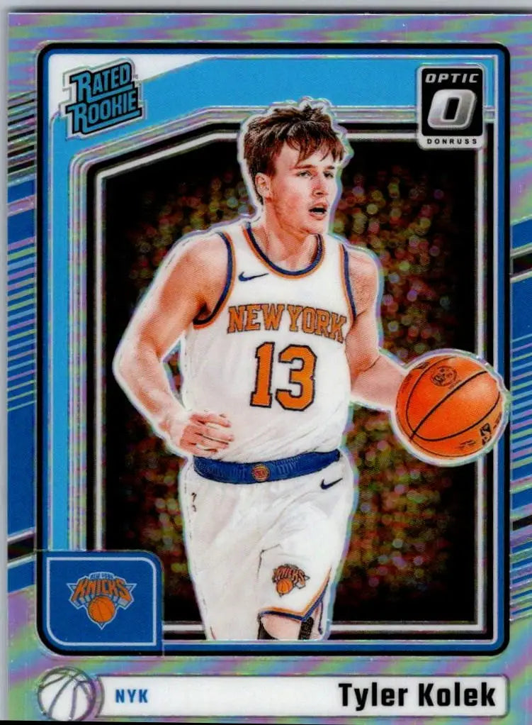 Tyler Kolek Holo basketball card from 2024-25 Donruss Optic featuring Tyler Kolek for New York Knicks