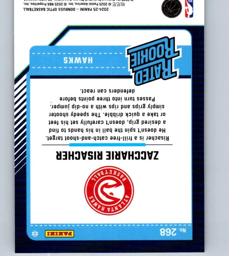 Upside-down 2024-25 Donruss Optic Zaccharie Risacher trading card with Rated Rookie logo