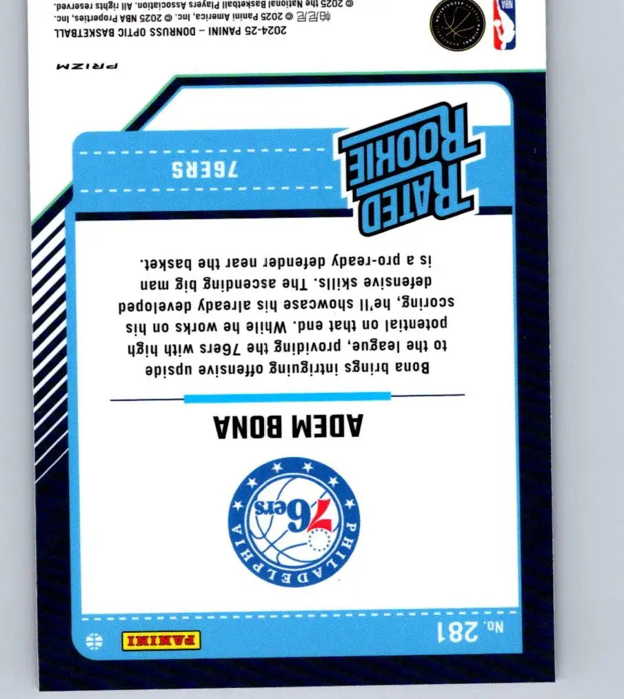2024-25 Donruss Optic Adem Bona Hyper Pink rookie card featuring Adem Bona of the 76ers